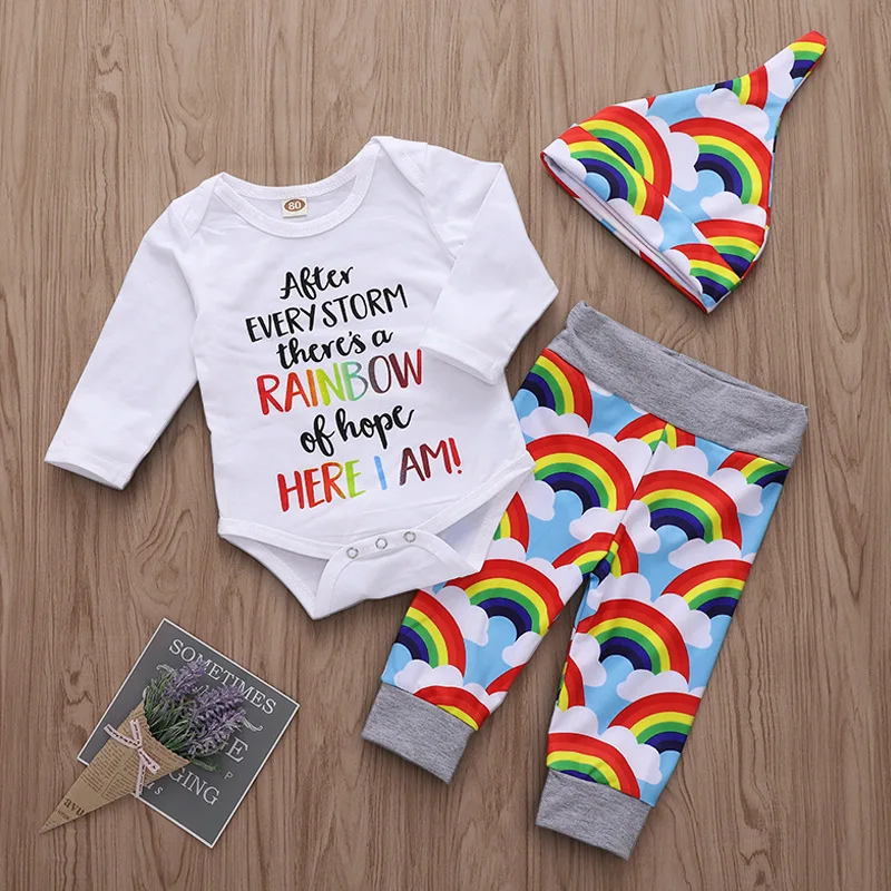 3PCS Children's clothing  baby boy clothes baby girl Clothing suit 2021 Spring and Autumn Alphabet Romper Rainbow Suit 0-24M