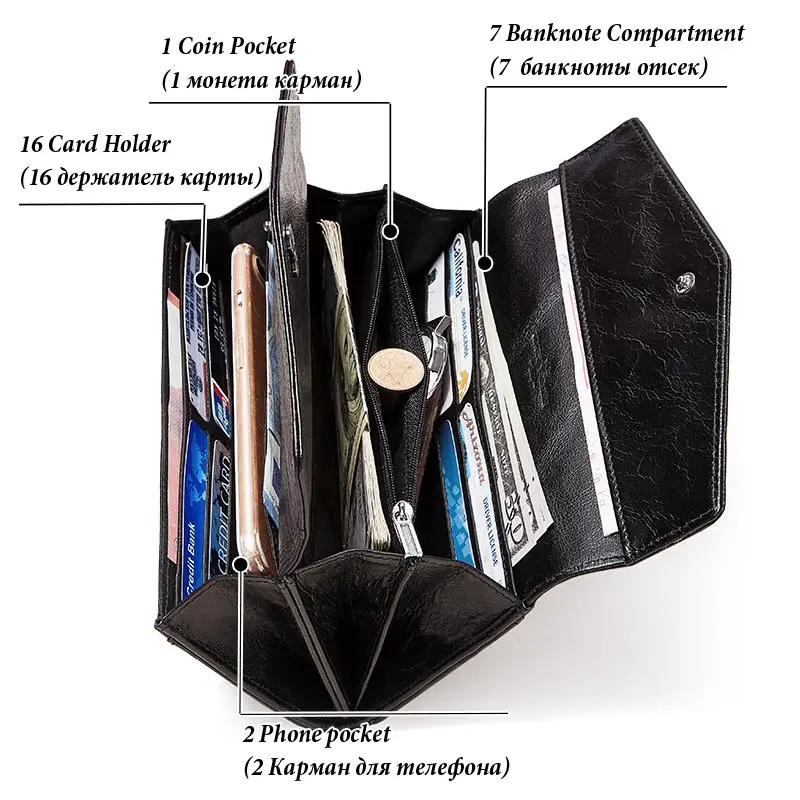 KAVIS 2021 Модный женский кошелек из натуральной кожи Длинный воловьей с несколькими