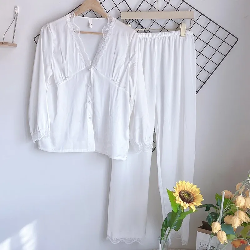 

Casual Faux Silk Shirt&Pants Women Pajamas 2PCS Sleepwear Satin Nightwear Lounge Wear Soft Home Clothes Intimate Lingerie