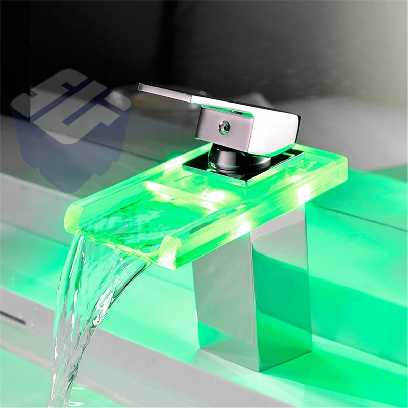 

LED Basin Faucet Brass Waterfall Temperature Colors Change Bathroom Mixer Tap Deck Mounted Wash Sink Glass Taps T3EA