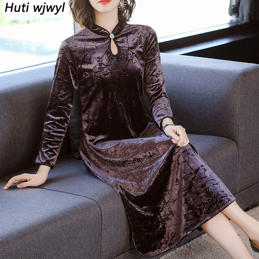 Женское винтажное платье миди золотистое бархатное большого размера 3XL на осень