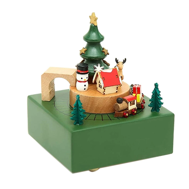 

AT69 -Wood Carved Mechanism Musical Box Wind Up Music Box Moving Train DIY Wooden Music Box Christmas Singing Music Gift Box