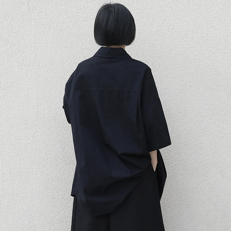 

[EAM] Women Black Oversized Long Blouse New Lapel Three-quarter Sleeve Loose Fit Shirt Fashion Tide Spring Summer 2021 1DD8627