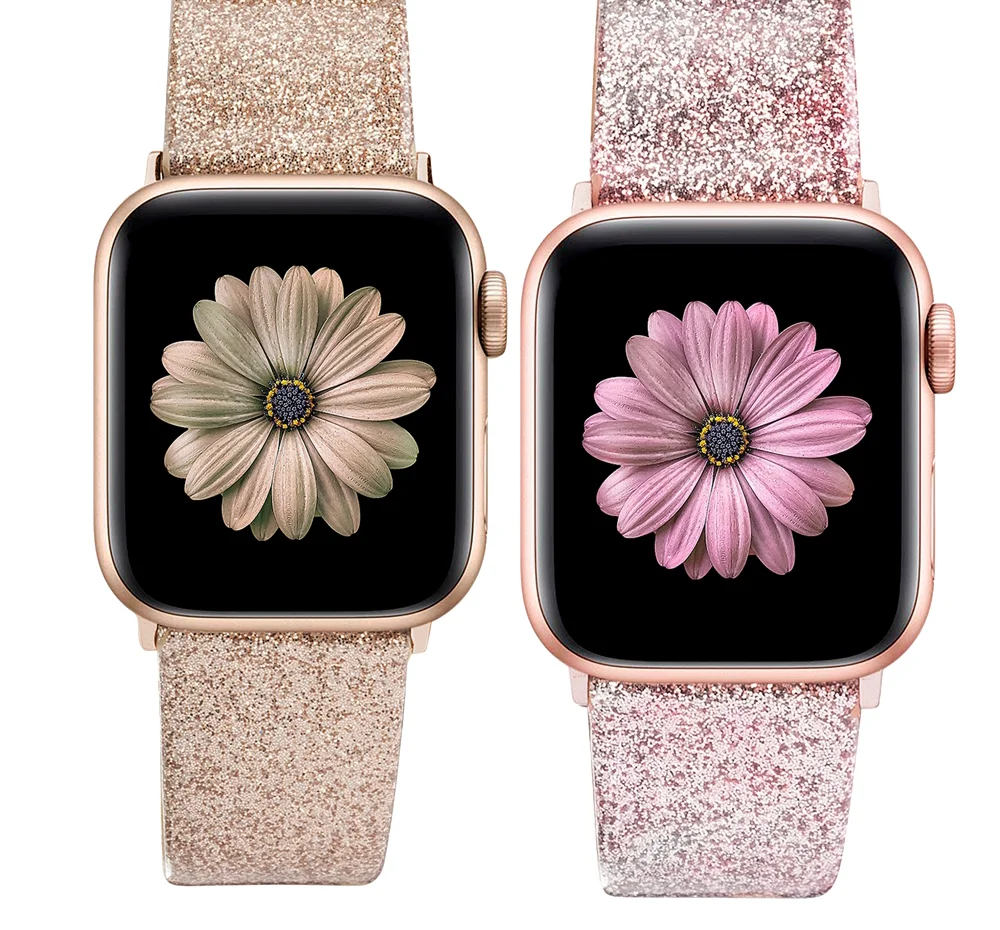 Leather for Apple Watch Band 38mm 40mm 42mm 44mm 45mm 41mm Genuine Shiny Glitter Strap for iWatch Series 7 6 se 5 4 3 2 1