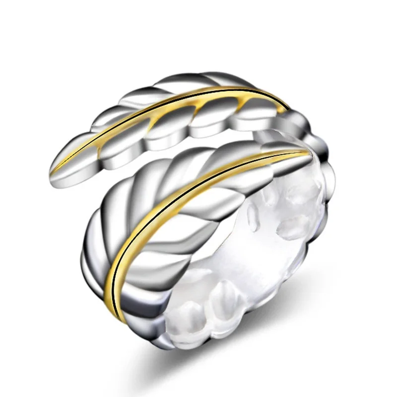 

New 925 Sterling Silver Color Separation Feather Openin Ring Women Man Wedding Engagement Party Fashion Charm Jewelry YDHR31