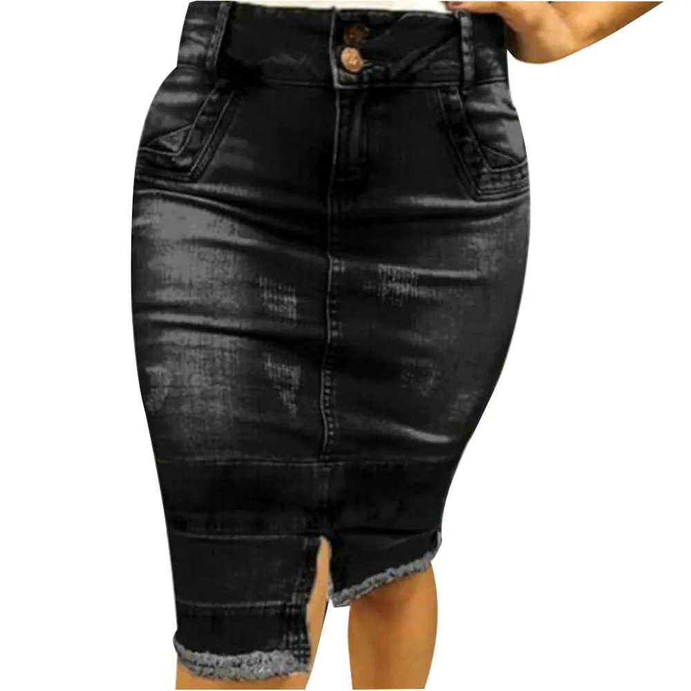 Женская джинсовая юбка с высокой талией юбка-карандаш разрезом облегающая