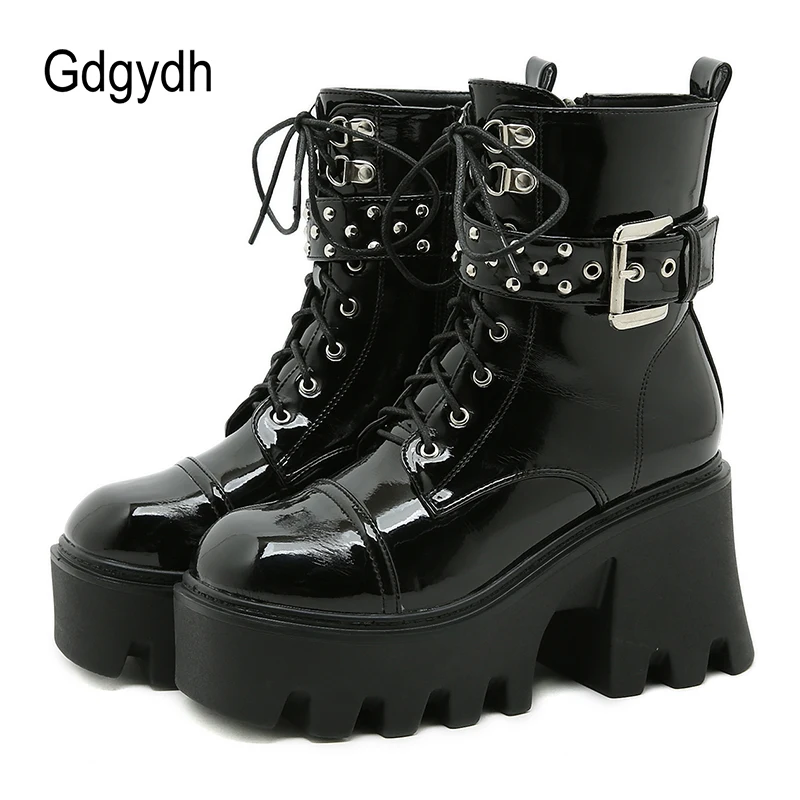 

Gdgydh Dark Knight Boots For Women Platform Heel Thick Soled Ankle Buckle Lace Up Ankle Boots High Heels Patent Leather Top Sale