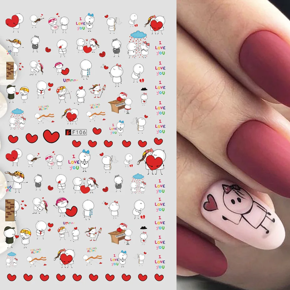 

3D Слайдеры для дизайна ногтей, милые Мультяшные наклейки с сердечками для ногтей, буквы для дизайна ногтей, маникюрные украшения из фольги ...