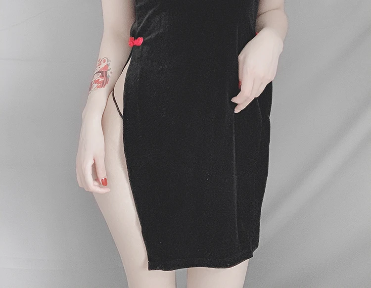 Бархатное винтажное платье Чонсам с высоким разрезом и вышивкой Униформа