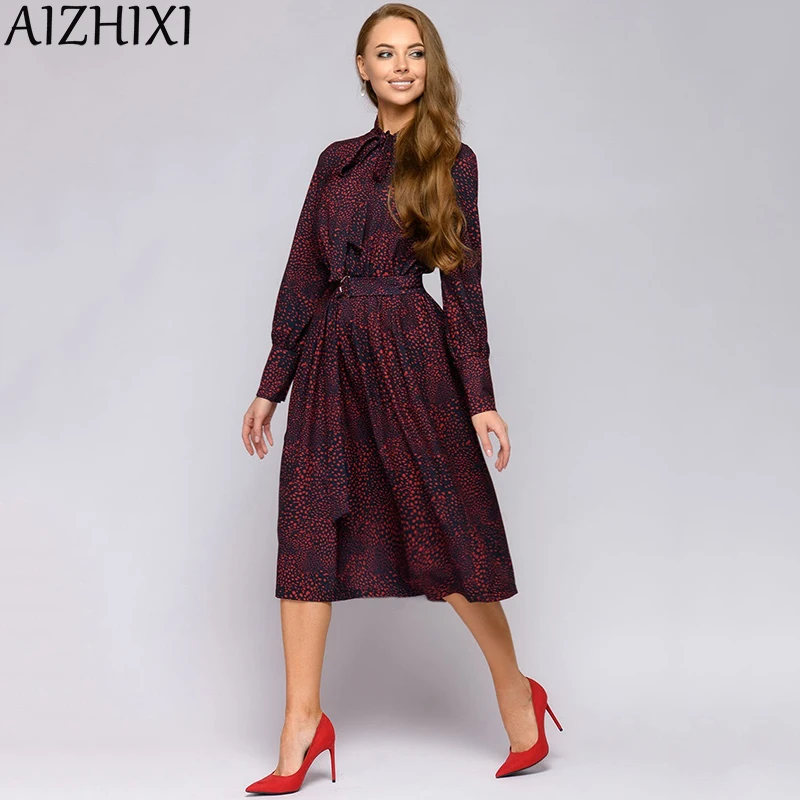 Платье AIZHIXI женское с бантом и поясом повседневное ТРАПЕЦИЕВИДНОЕ элегантное