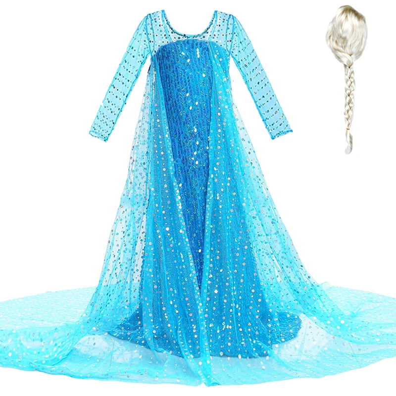 Dress and W02 Платье принцессы Эльзы и Эльзы для девочек; детское длинное платье с блестками и накидкой; детское платье Снежной Королевы на Рождество, день рождения, вечеринку; платье для костюмированной вечеринки - Цвет: Dress and W02