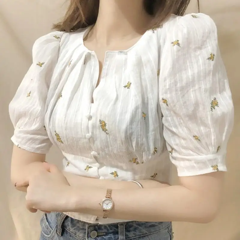 

MISSKY Women's Blouse Spring and Summer Retro Style Shirt Platycodon Grandiflorum Pattern Short-sleeve Clothing Female Tops