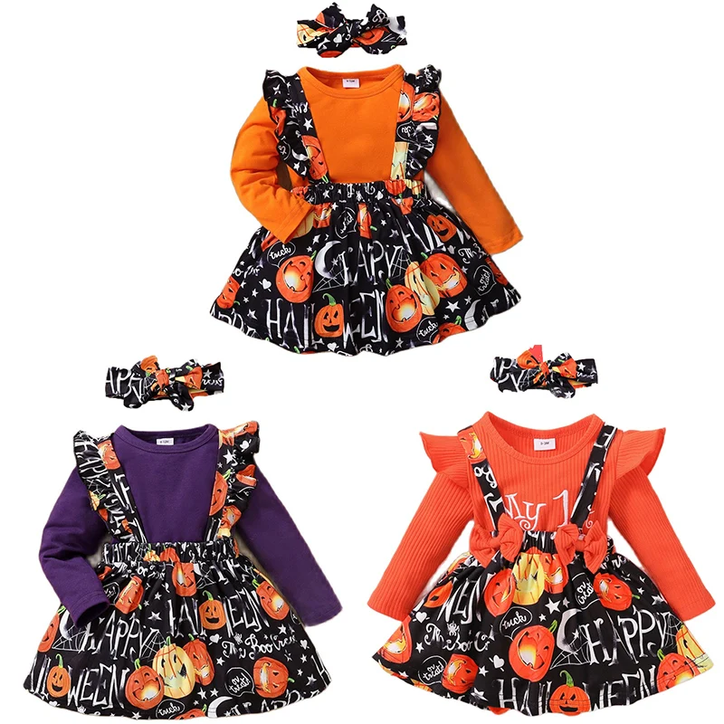 

Autumn New Kids Baby Girls Halloween Full Sleeve Solid Ruched Top T-shirt Headbands Pumpkin Cartoon Strap Dress Suit Set 3pcs