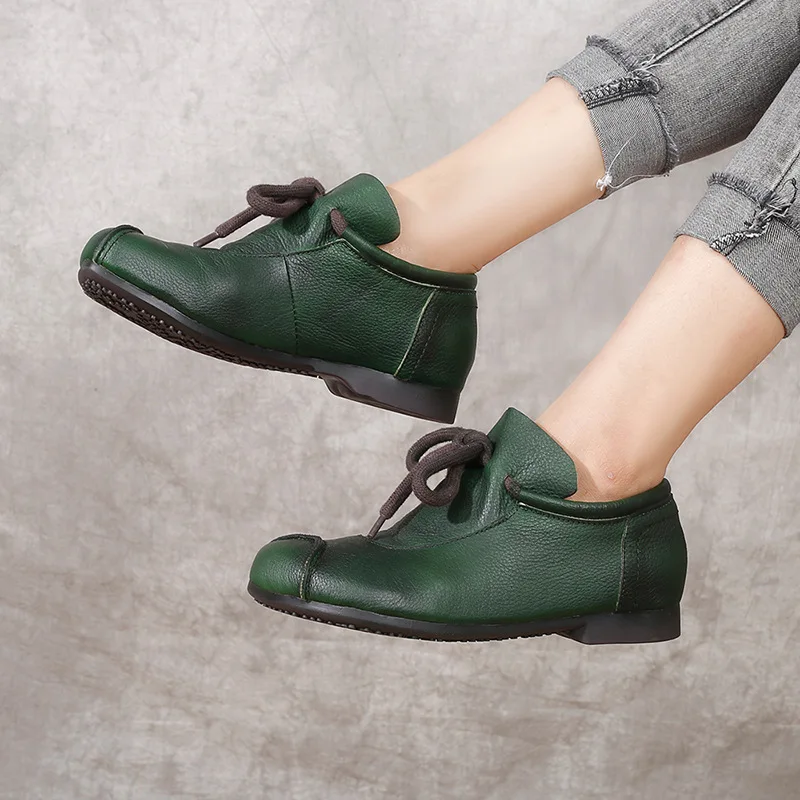 

Mr Co Pumps Women Shoes Genuine Leather 2021 New Autumn Retro Lace-Up Round Toe Comfortable Sewing Leisure Ladies Shoes