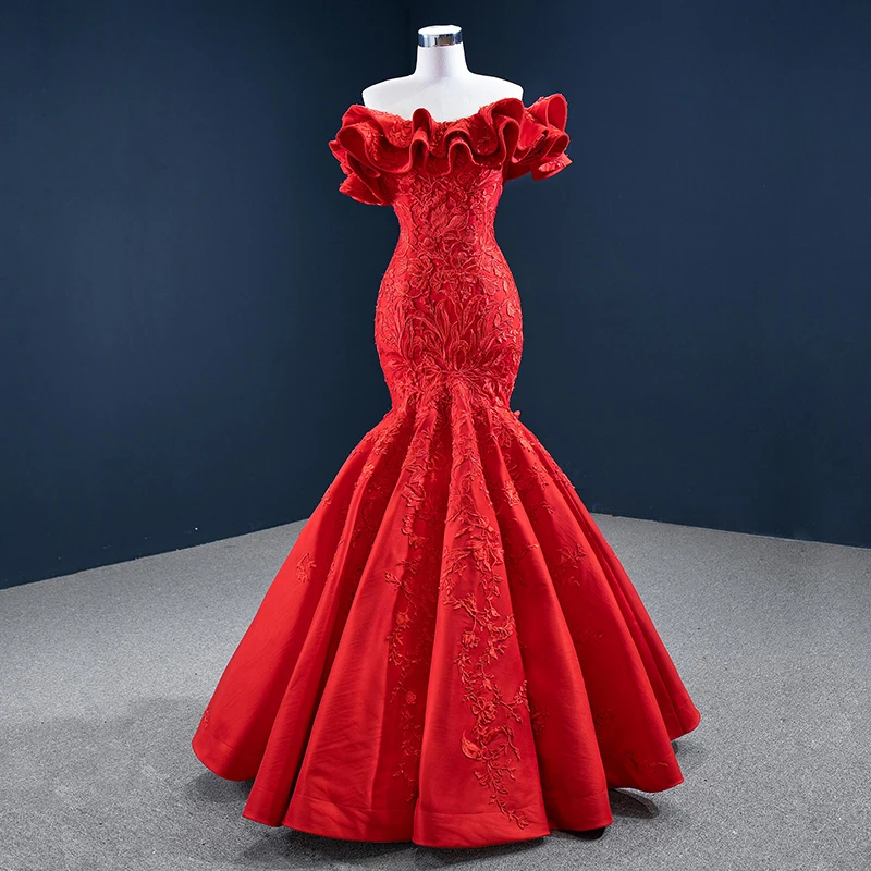 J67173 Jancember Red Boat Neck Mermaid Evening Dresses  Applique Ruffle Off The Shoulder Ball Gown فساتين السهرة вечерние платья
