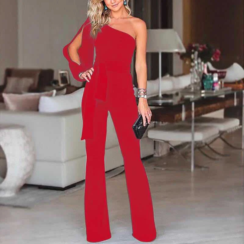 

Summer Asymmetric One Shoulder Women's Jumpsuit Lace Up Straight Solid Female Jumpsuits 2021 Elegant Fashion Party Lady Rompers