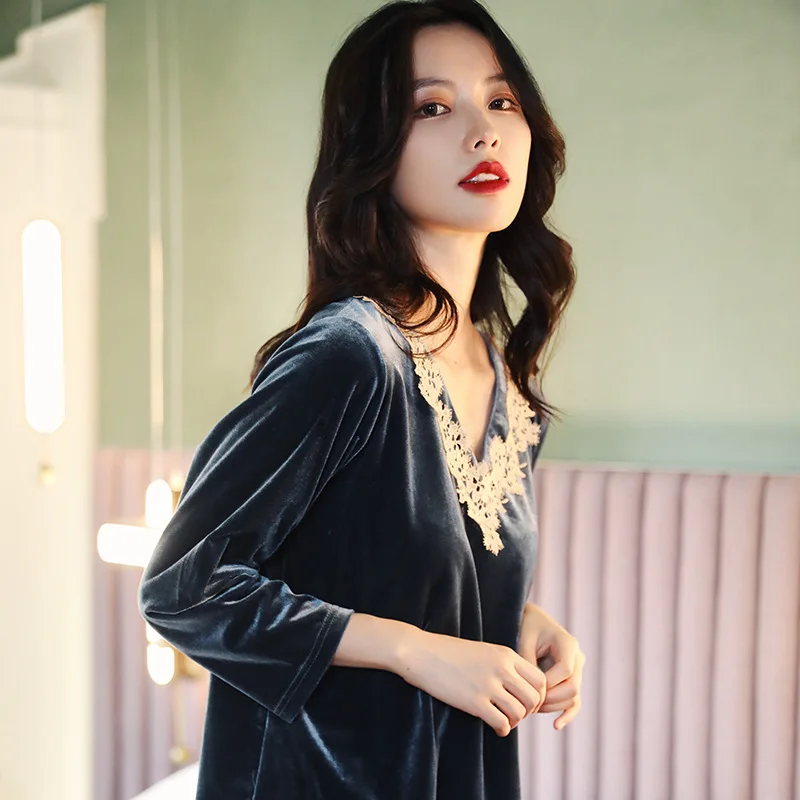 

Winter Velvet Pajamas Ladies V Neck Sleep Tops Lounge Wear Plants Pijamas Lace Women Sleepwear Plus Szie Nightwear Negligee