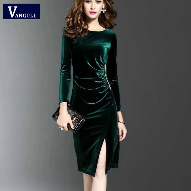 Green Slash neck Vangull женское бархатное платье, однотонное элегантное женское платье с разрезом и рюшами, новинка, Осень-зима, длинные платья, женская одежда - Цвет: Green Slash neck