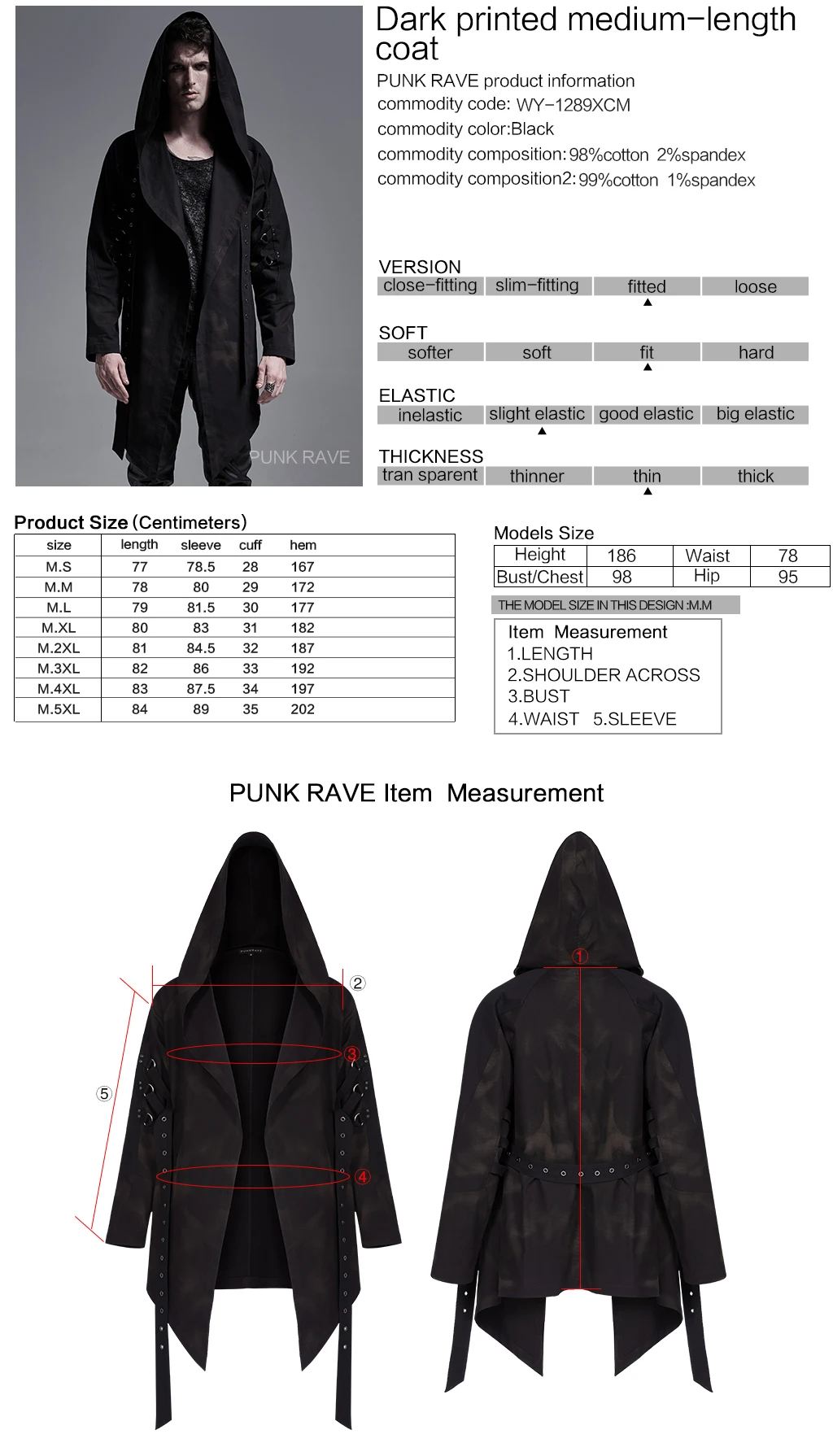 

PUNK RAVE Men's Punk Dark Printed Medium Length Coat Steampunk Hoodies Daily Cardigan Casual Jackets