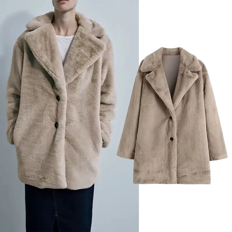 

Женская куртка-миди из искусственного меха Za, теплая однобортная куртка с боковыми карманами, толстая верхняя одежда, шикарные топы, зима 2021