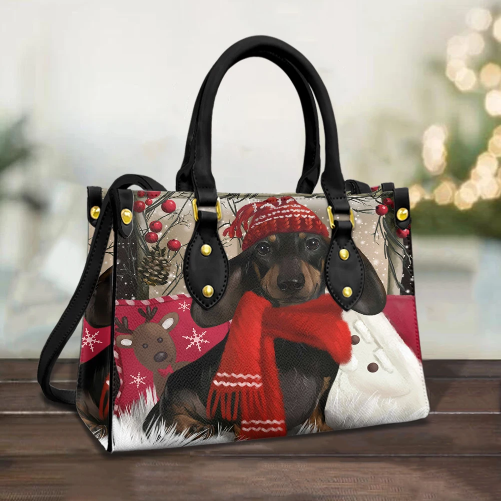

Luxury Women's Small handbag 2021 Christmas Style Dachshund Pattern High Quality Purse Bag Leather Shoulder Hand Bag for Women