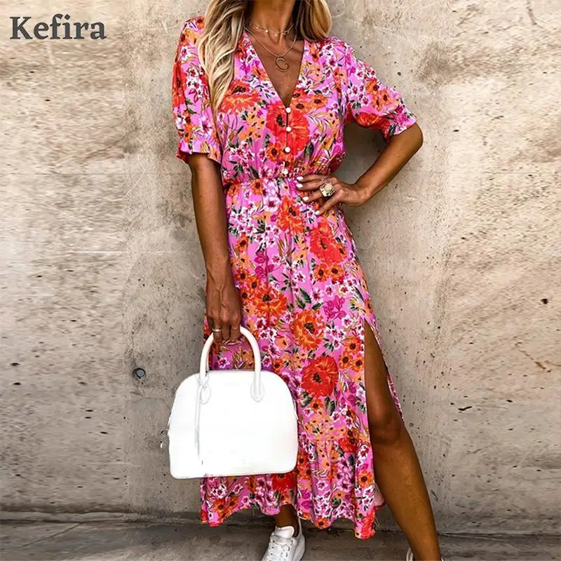 

Kefira Women Dresses Summer Sexy V Neck Floral Print Boho Beach Dress Ruffle Short Sleeve A Line Mini Dress Wrap Sundress