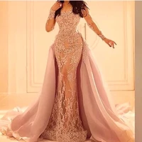 vestidos de festa pink mermaid evening dress saudi arabia prom party dresses long sleeves formal gowns with detachable train d15