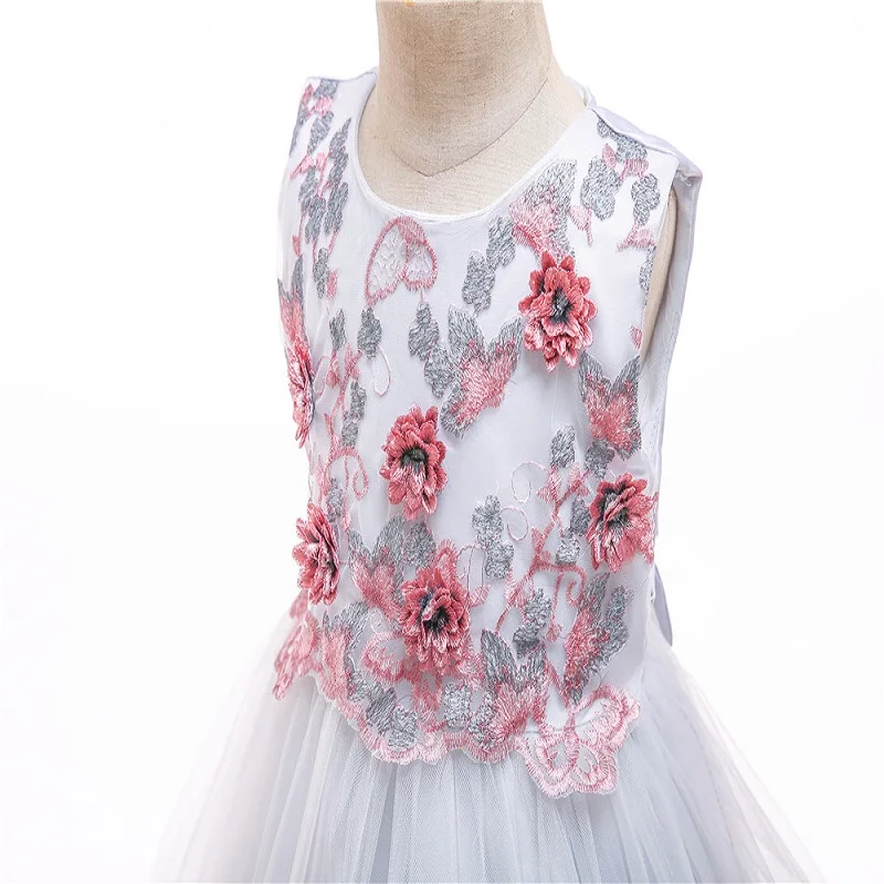 Shiny Toddler Big Girl Flower Embroidery And Decoration Princess Cotton Lace Piano Show Dress |