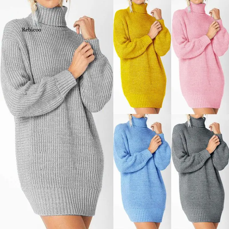 

Elegant Sweater Dresses for Wome Turtleneck Long Sleeve Solid Loose Thicken Fashion Basic Autumn Winter Knitted Dress