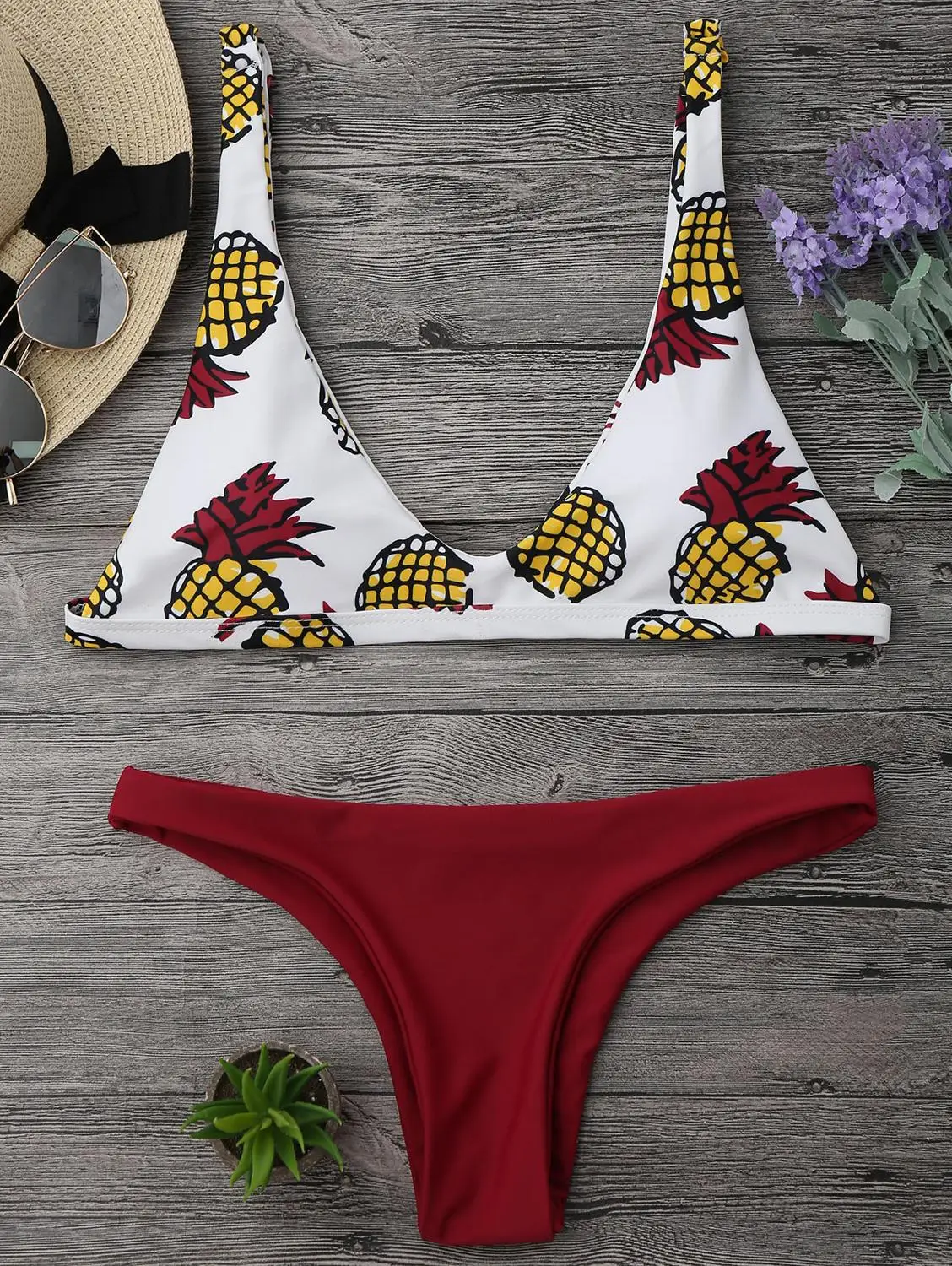 

ZAFUL High Cut Pineapple Print Bikini Set Mid Wiasted Spaghetti Straps Women Pineapple Print Bikini Set Brazilian Swimwear New