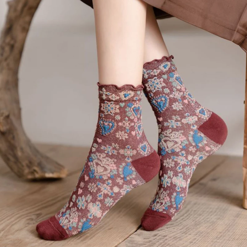 3 Pairs Long Cycling  Winter Socks Women Fashion Print Korean Cotton Socks Pack Street Style Harajuku Flowers Chaussettes Femme