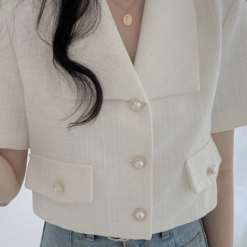 

Blazers Women Summer Short Style All-match Solid Outwear Single Breasted Beige Fashion New Arrival Clothing Office Lady Cropped