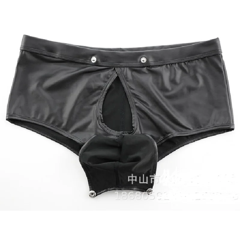 Мужские трусы-боксеры из лакированной кожи искусственной для геев открытые