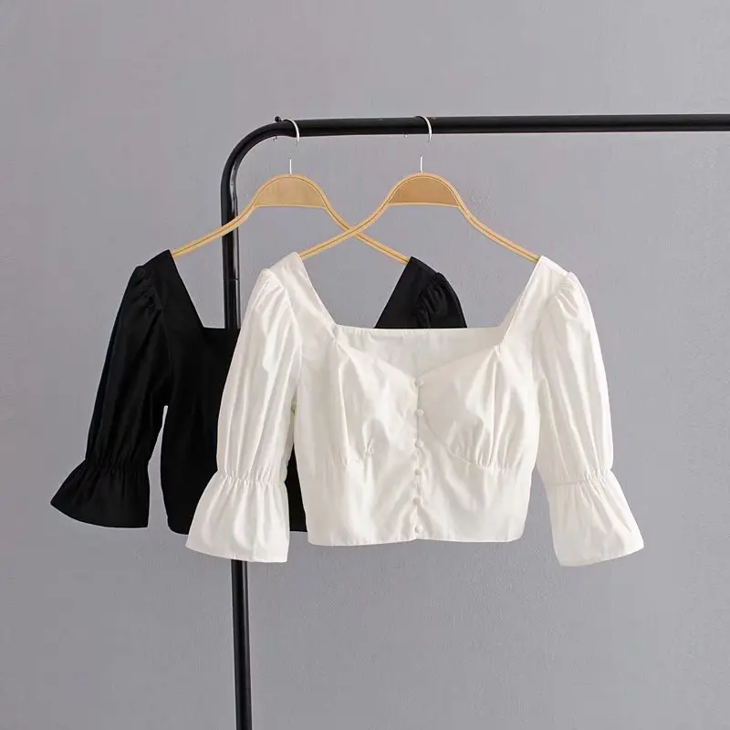 Женская винтажная блузка с коротким рукавом и буффами в стиле ретро | одежда