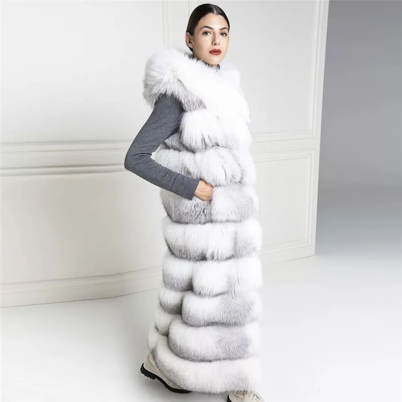130cm Long Real Cross Fox Fur Vest With Hood Thick Warm Winter Overcoats Luxury High Quality Natural Whole Skin Fox Fur Vests