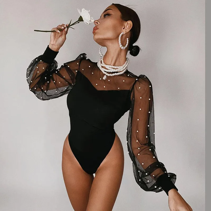 CNYISHE Mesh Sheer Patchwork Lantern Sleeve Sexy Bodysuit Women Romper Spring Fashion Streetwear Party Elegant Jumpsuit Overalls