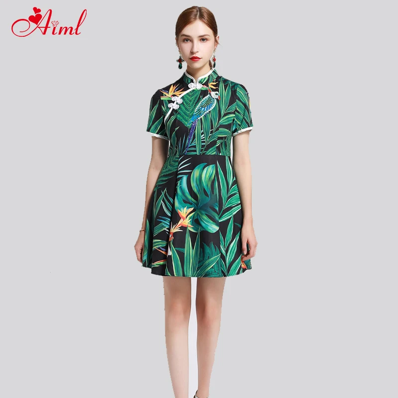 

Designer 2020 Fashion Summer Dress Turtleneck Short sleeve Sequined Beaded Parrot Vintage Print Cheongsam Elegant Mini Dresses