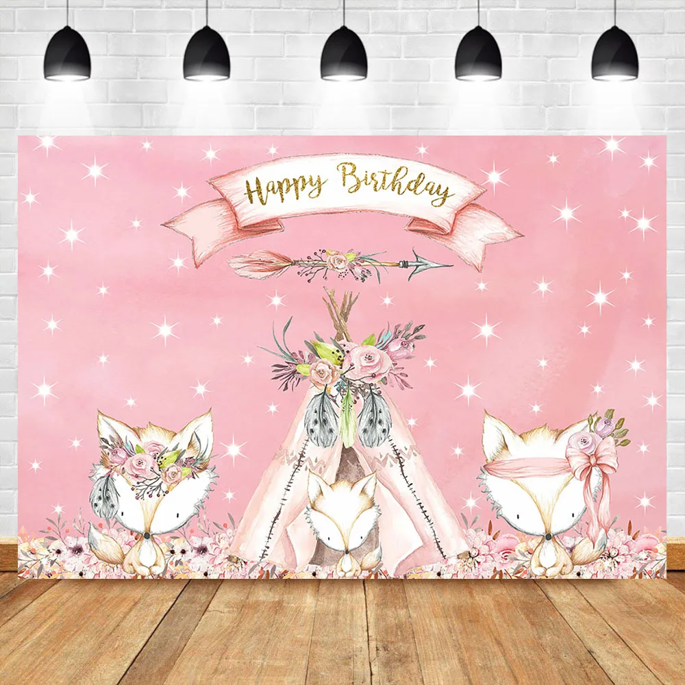 Лесной день рождения фон розовая девушка Бохо Teepee этническое животное