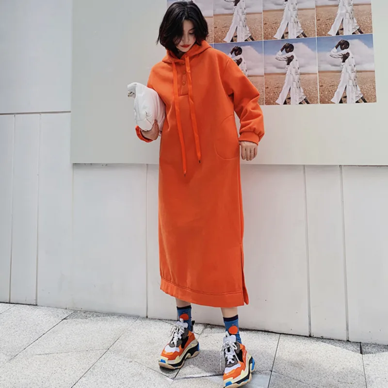 [EWQ] одноцветная длинная свободная толстовка с пряжкой на пуговицах 2019 осень зима