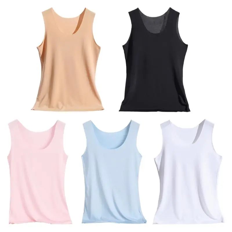 

Womens Summer Seamless Tank Top Wide Shoulder Straps Ice Silk Traceless Slim Vest Solid Color U-Neck Basic Underwear