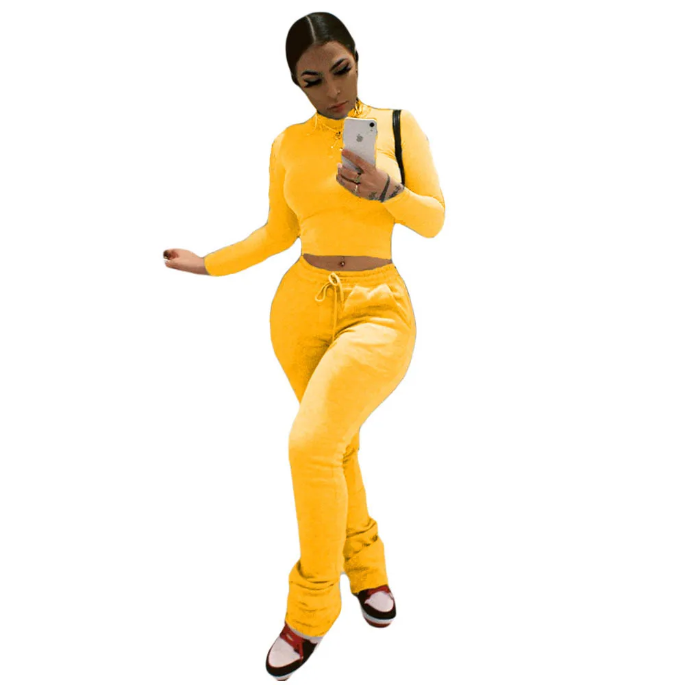 

Winter 2020 Women Cotton Jogging Suits Women Stacked Pants Two Piece Set Women Long Sleeve Jogger 2 Piece Stack Pants Set