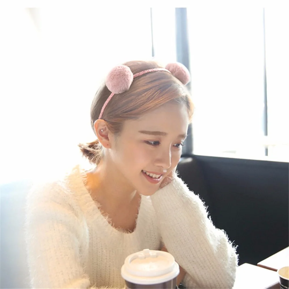 Ободок для волос с шариками кошачьими ушками Женский плюшевый ободок девушки