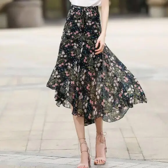 Летние короткие спереди длинные сзади Асимметричные шифоновые юбки с цветочным