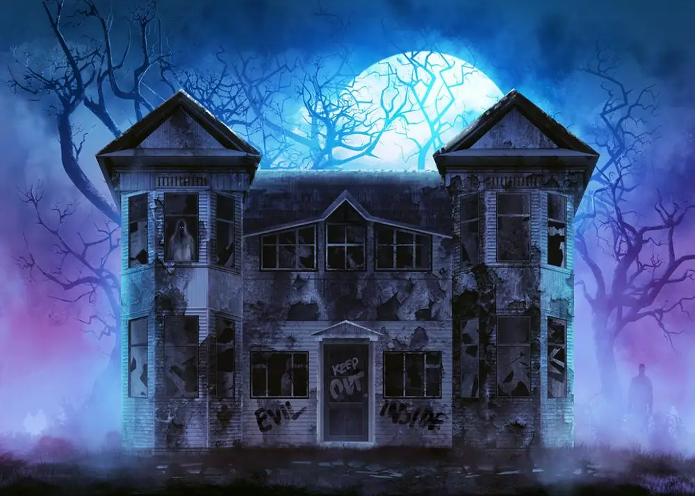 

Halloween photography backdrop haunted house dark night moon horrible house tree countryside background photo studio props