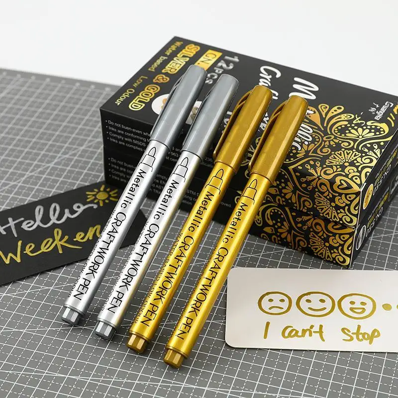 

2pcs/lot Waterproof Permanent Paint Marker Pens Gold Silver For Drawing Students School Office Supplies DIY Marker Craftwork Pen
