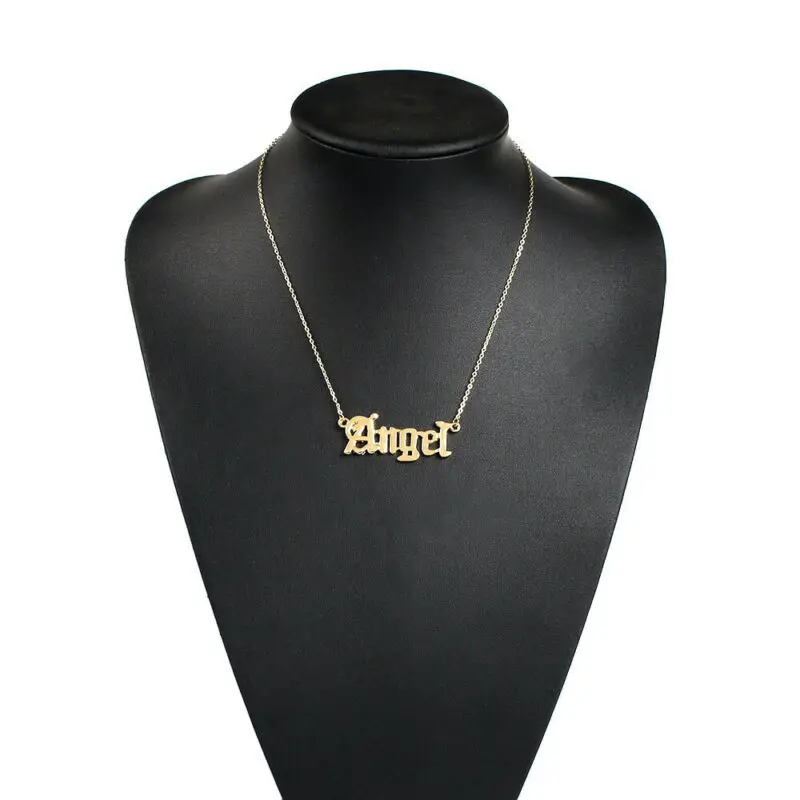 

New Fashion Cute Angel Old English Font Necklace Letter Font Pendants Lovely Gift for Women Girls Birthday Party Present