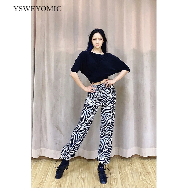 

Latin Dance Trousers Adult Female Zebra Pattern Dance Practice Clothes Loose new elastic high-waist Salsa Dance Pants k23