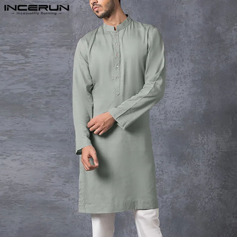 INCERUN Men Muslim Shirt Long Sleeve Islamic Arabic Kaftan Solid Streetwear Stand Collar Button Vintage Casual Men Clothing 7