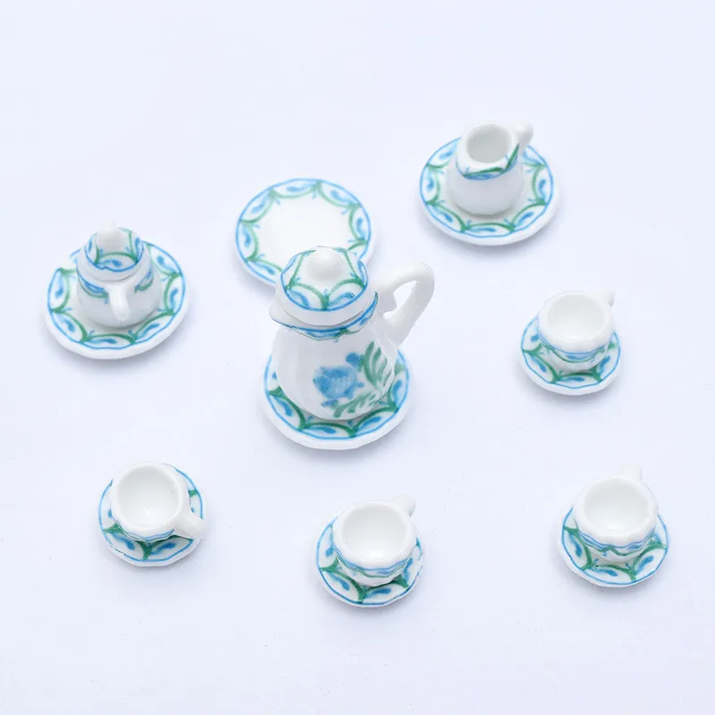 

19 Patterns 1:12 Miniature 15pcs Porcelain Tea Cup Set Chintz Flower Tableware Kitchen Dollhouse
