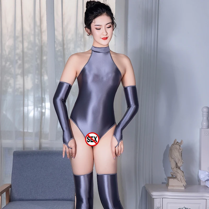 

High Elastic Bright Tight-Fitting Catsuit with Stockings&Gloves Glossy High Cut Sexy Open Crotch Bodysuits Erotic Wear 5PCS Set